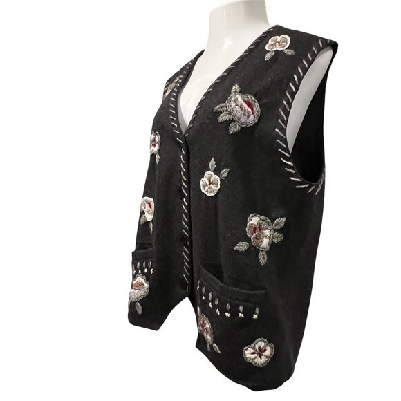 Together Vintage Wool Embroidered Button Vest, Pockets, Gray, XL - Picture 6 of 10